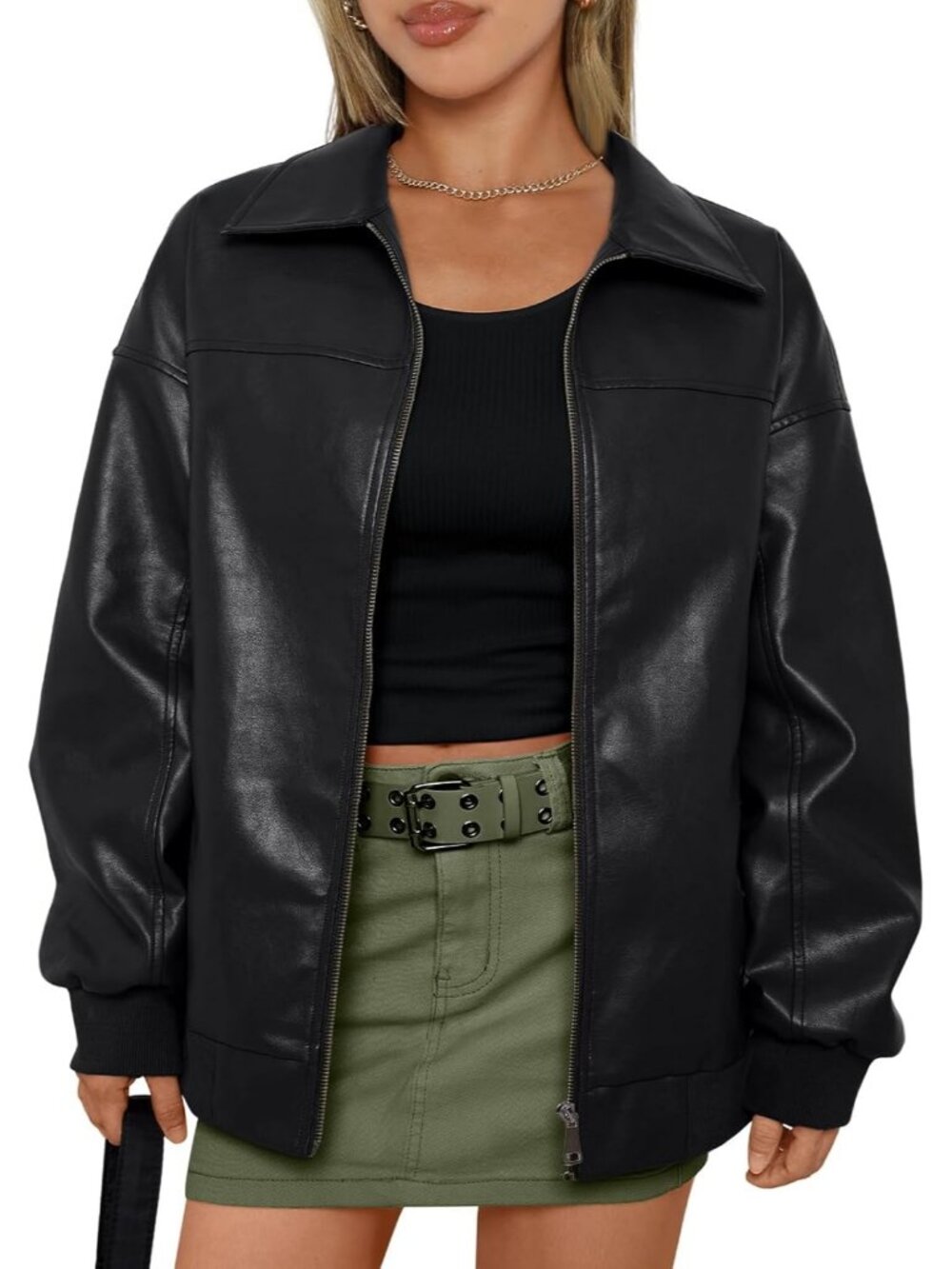 Women's Black Polyester Oversized Zip Up Trendy Fashion Winter Leather Jacket
